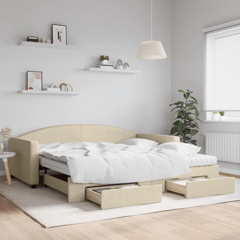 Daybed med udtræk & skuffer 100x200 cm - creme