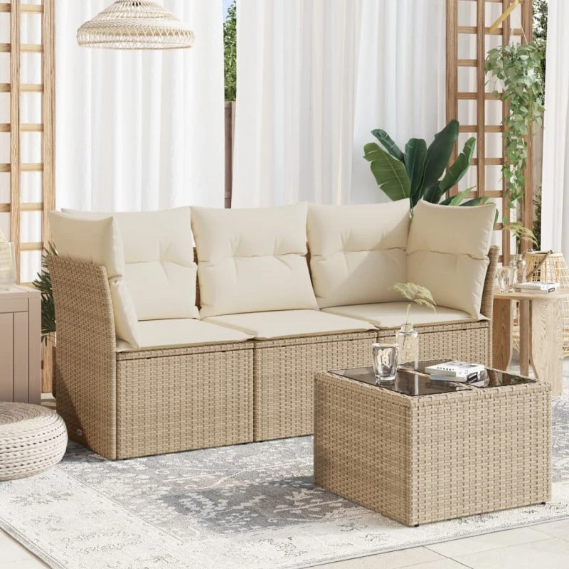 Sofasæt til haven 4 dele i polyrattan med hynder (beige)