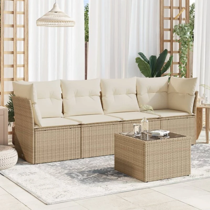 5-dele polyrattan sofasæt til have med hynder, beige