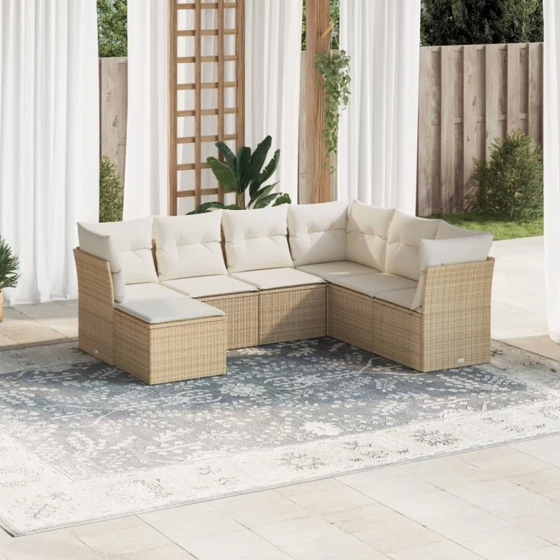 7-del. havemøbelsæt i polyrattan med hynder – beige