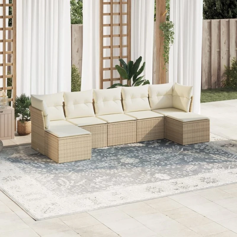 7-delers havesofasæt i polyrattan med hynder, beige