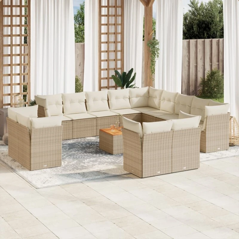 Havesæt 14 dele i polyrattan med hynder – beige