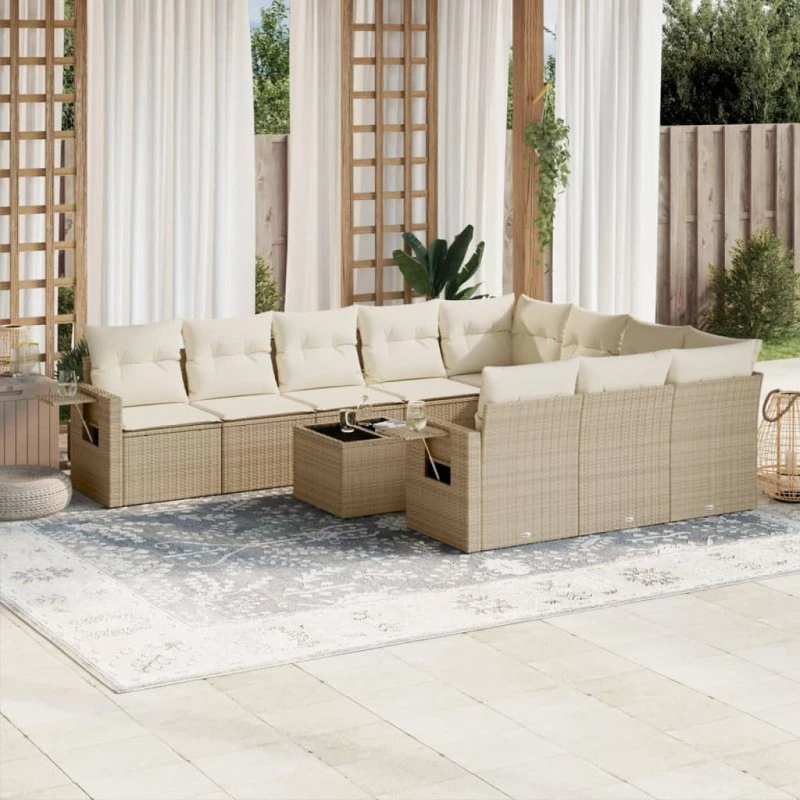 Sofasæt til haven 11 dele i polyrattan med hynder, beige