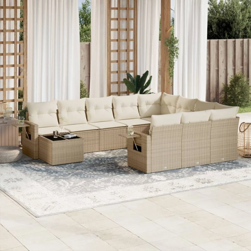 11-delers havemøbelsæt i polyrattan med hynder, beige