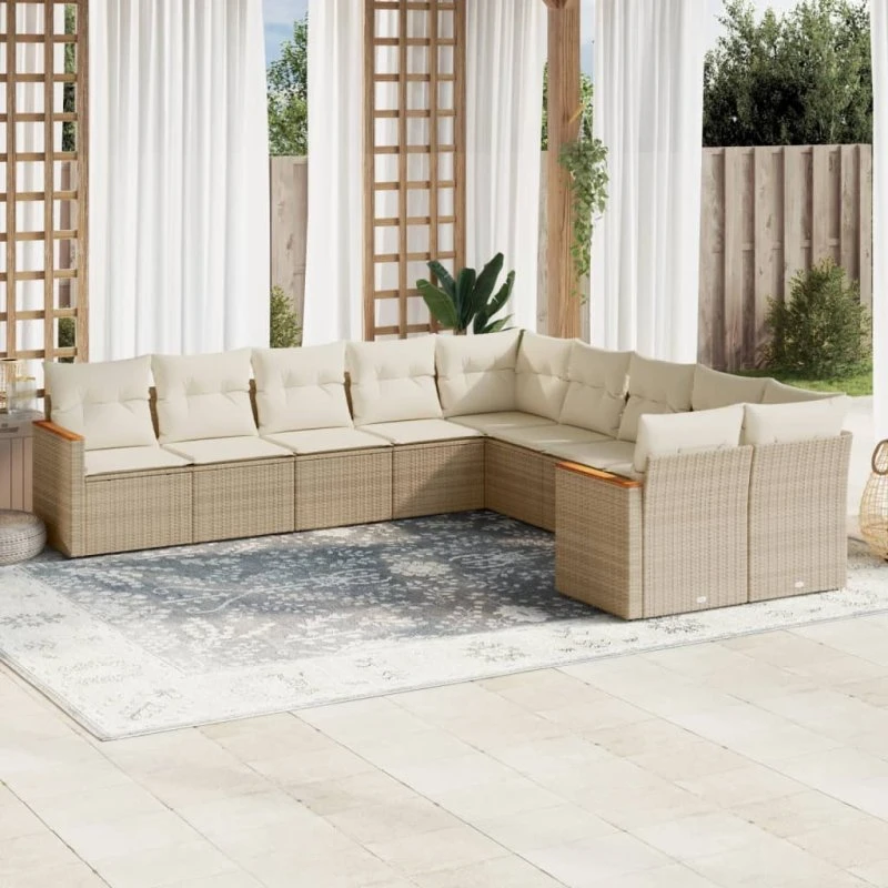 Sofasæt til have 10 dele i beige polyrattan med hynder