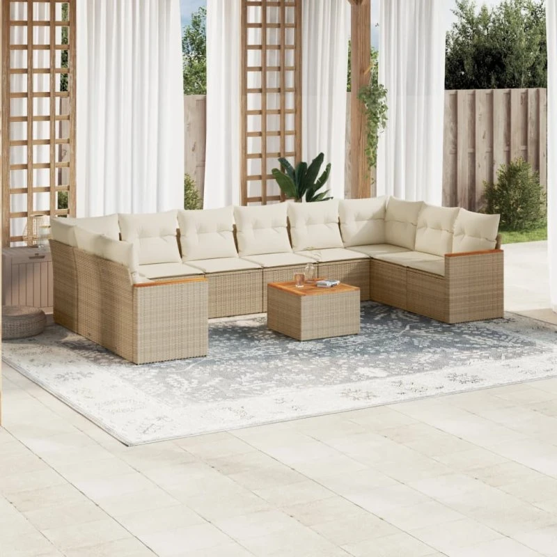 11-dele havemøbel sofasæt i polyrattan med hynder - beige