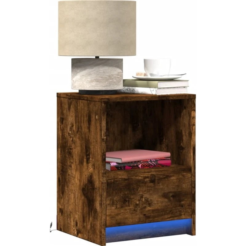 Sengeborde 2 stk. med RGB LED — konstrueret træ, røget egetræ