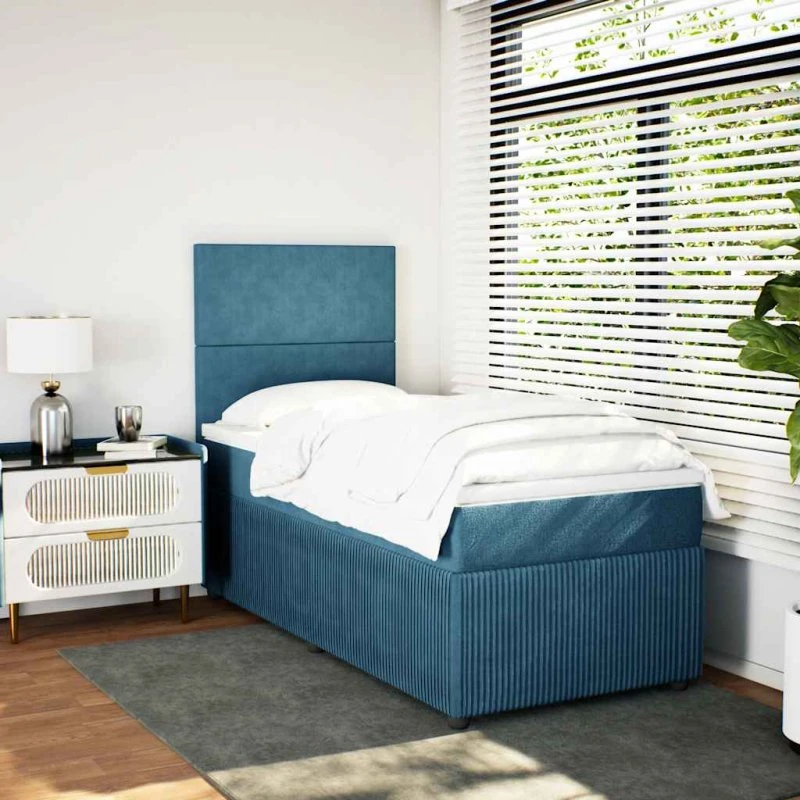 Kontinentalseng 80x200 cm med pocketmadras - blå fløjl