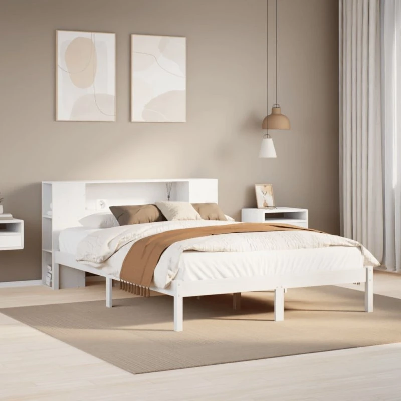 Seng med reol 140x190 cm i massivt fyrretræ - hvid