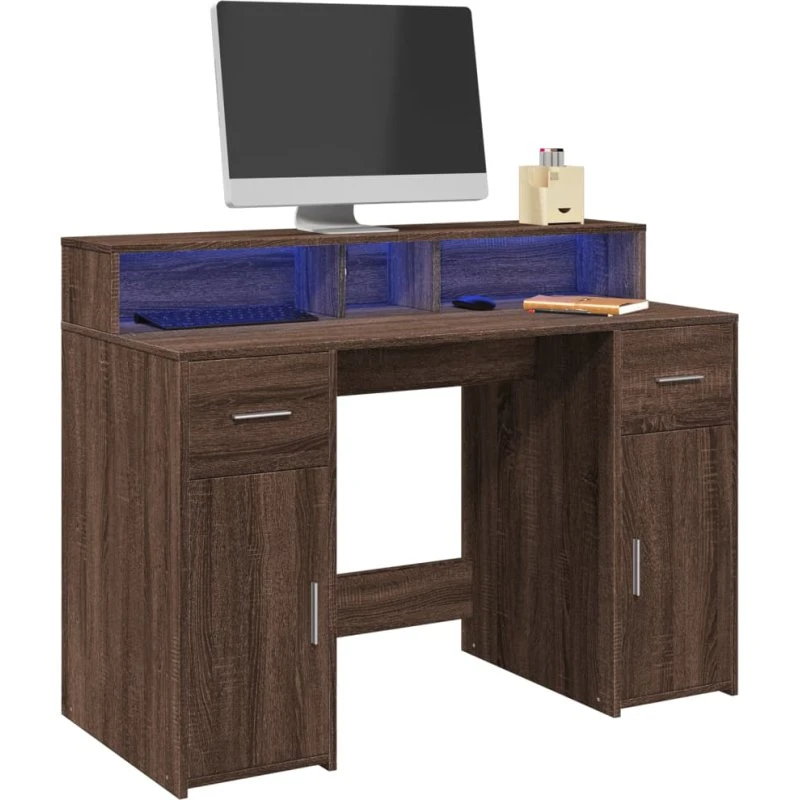 Skrivebord 120x55x91 cm med RGB LED - Brun Eg