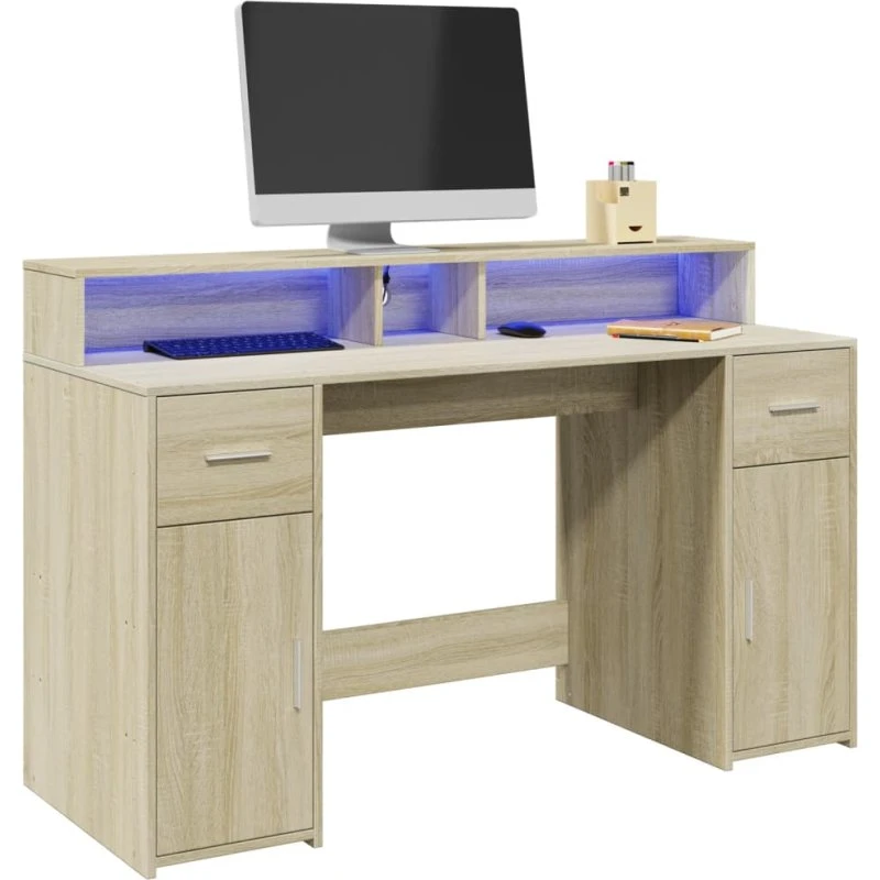 Skrivebord 140x55x91 cm med RGB LED – Sonoma-eg