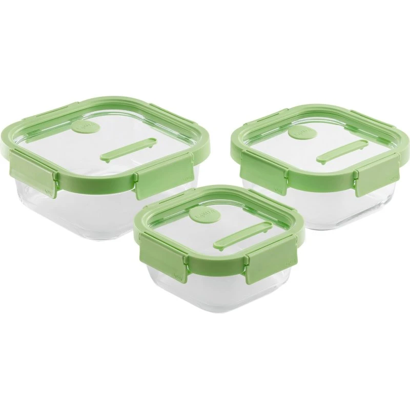 Lékué kvadratisk madkasse 3-dele, glas/grøn