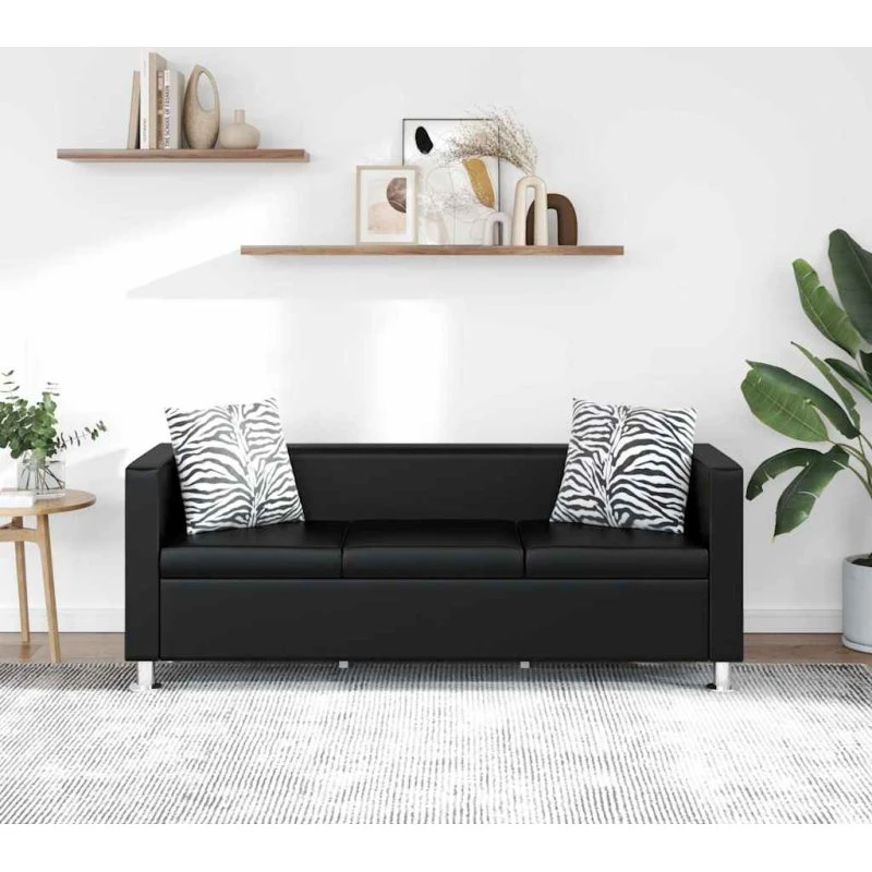 Sort 3-personers sofa i kunstlæder – kompakt & komfortabel