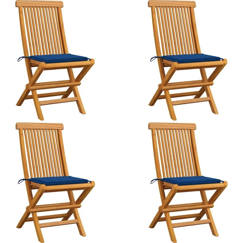 4x foldbare havestole i massivt teak med kongeblå hynder