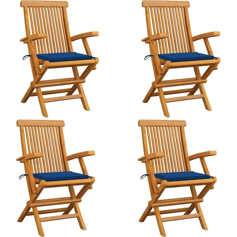 Havestole i massivt teak med kongeblå hynder, 4 stk.