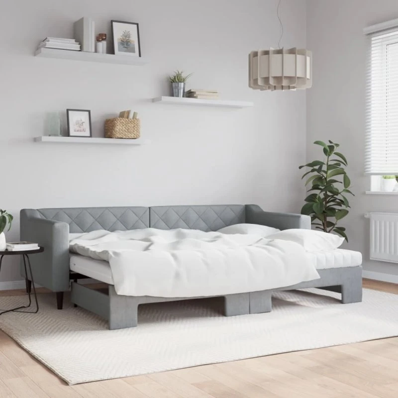 Daybed med udtræk og madras 80x200 cm – lysegrå stof
