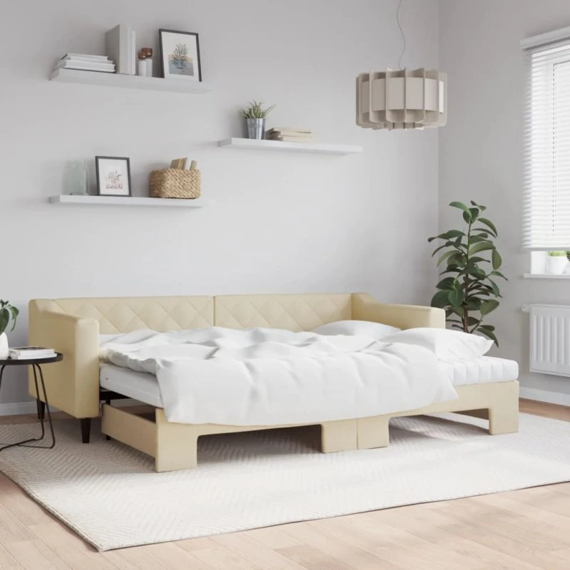 Daybed med udtræk 80x200 cm stof creme - inkl. madras