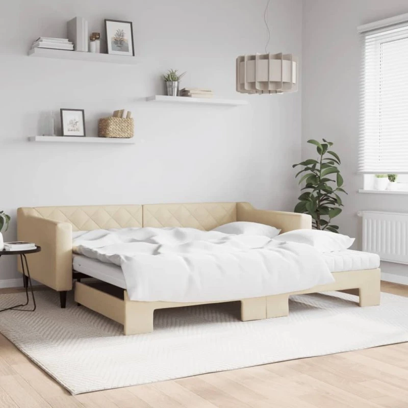 Daybed med udtræk og madras 100x200 cm - creme stof