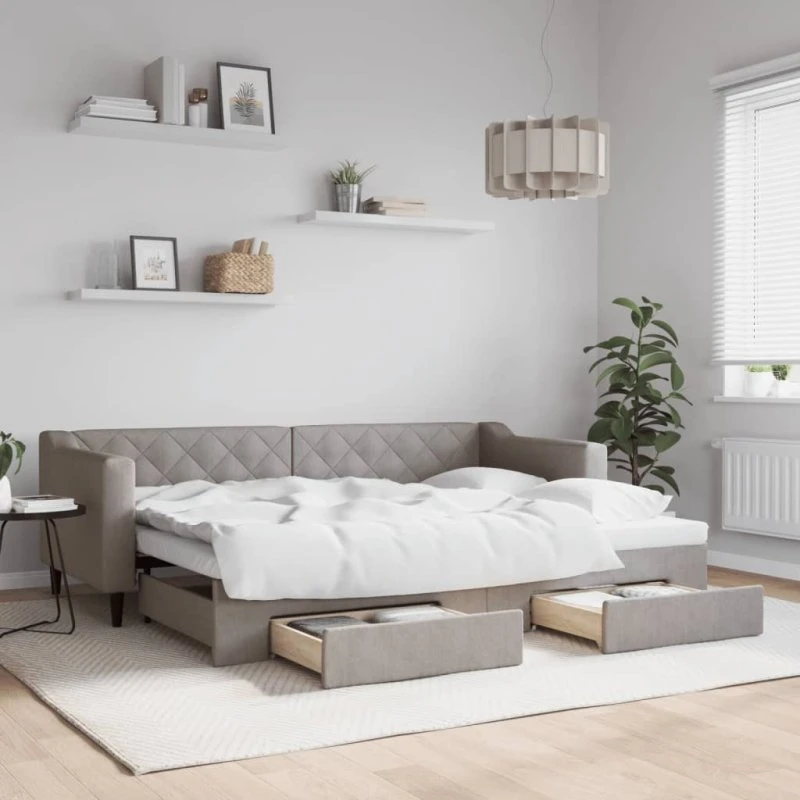 Daybed 80x200 cm med udtræk & skuffer - gråbrun stof