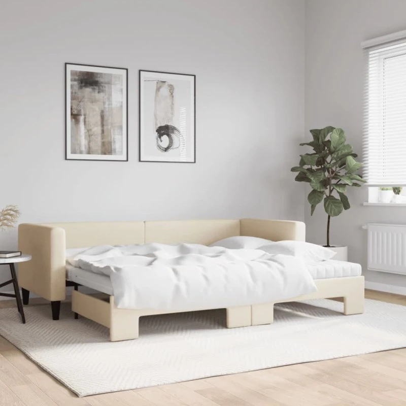 Daybed med udtræk og madras 80x200 cm – creme stof