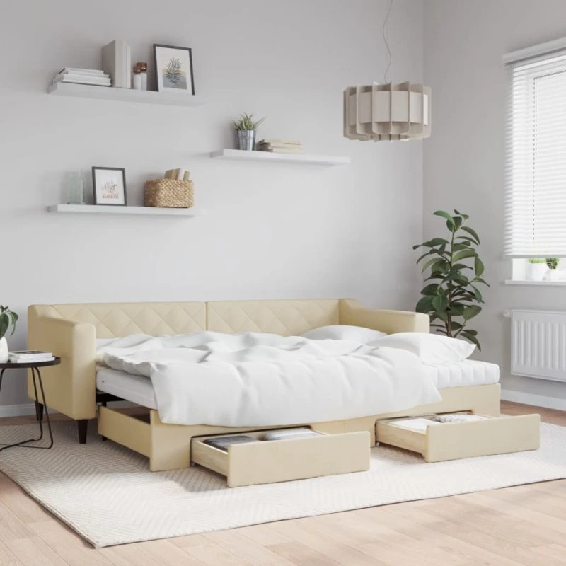 Daybed med udtræk og skuffer 80x200 cm - creme