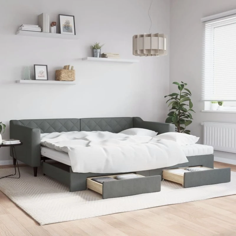 Daybed med udtræk og skuffer 100x200 cm - mørkegrå stof
