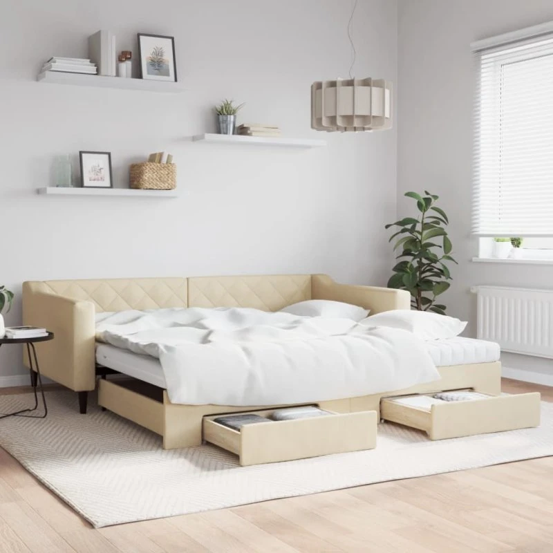 Daybed med udtræk & skuffer 100x200 cm - creme