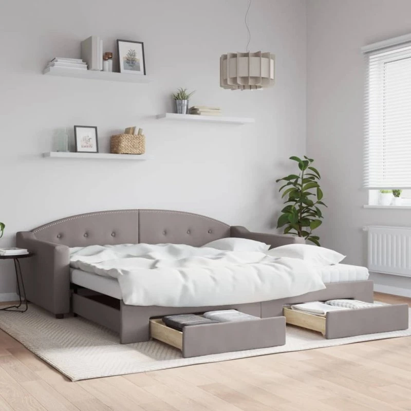 Daybed med udtræk og skuffer 100x200 cm, gråbrun stof