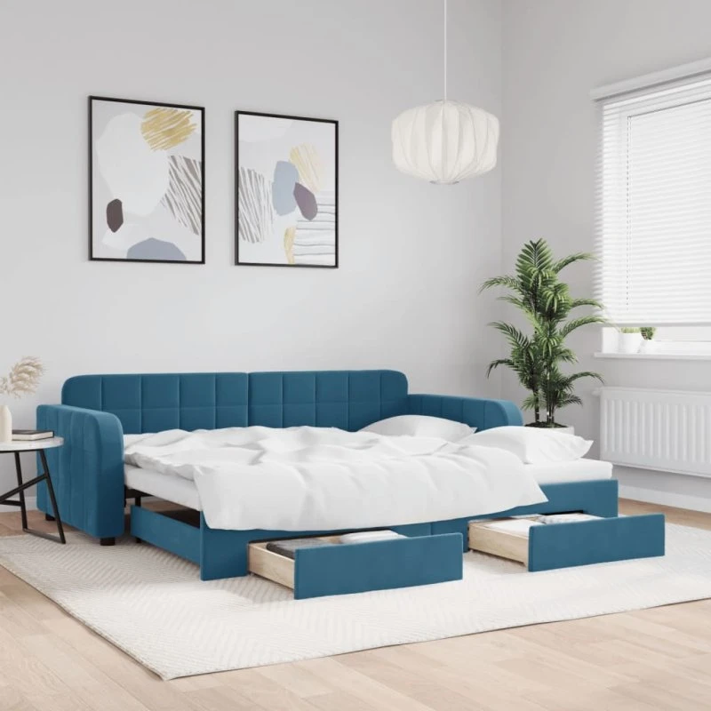 Daybed med udtræk og 2 skuffer 90x200 cm – Blå velour