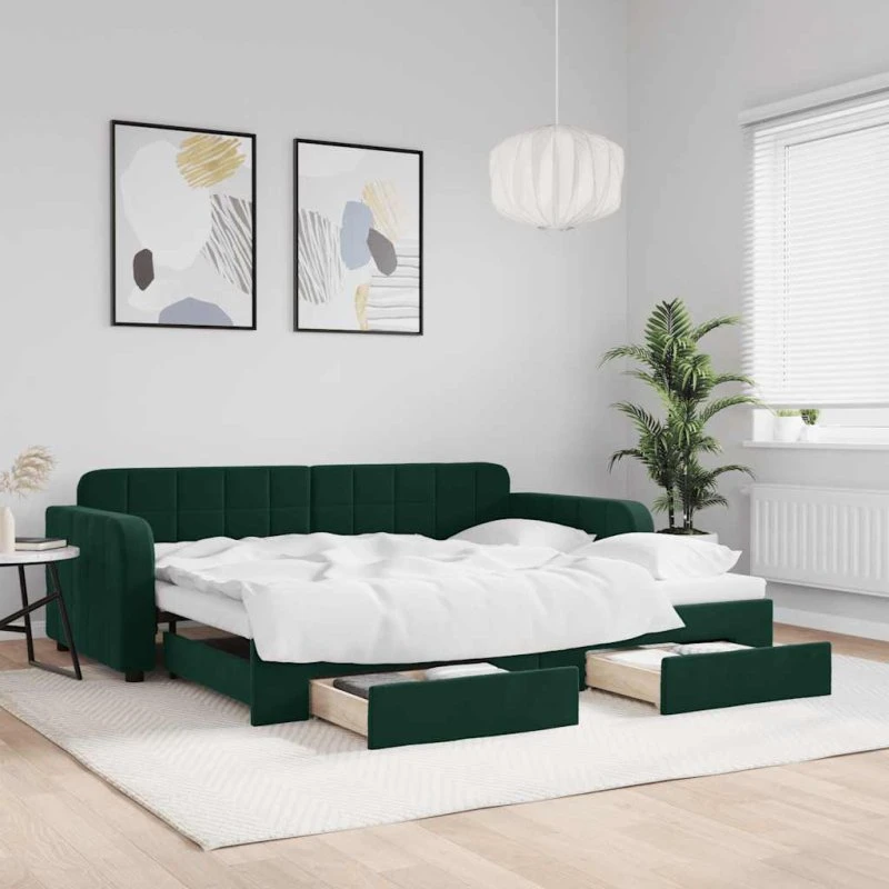Daybed med udtræk & skuffer 90x200 cm - Mørkegrøn velour
