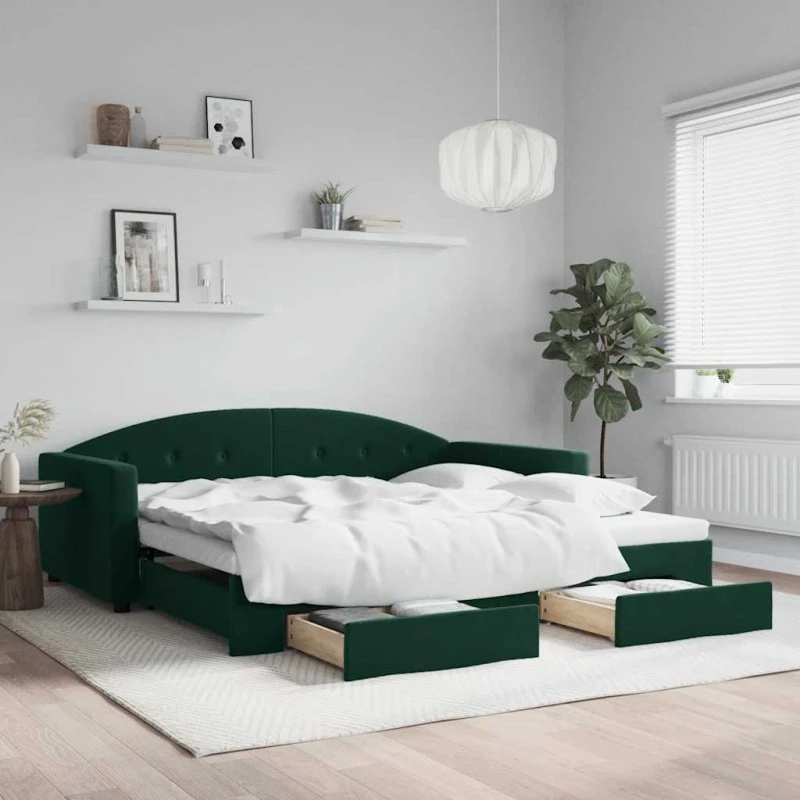 Daybed med udtræk og skuffer 100x200 cm - mørkegrøn velour