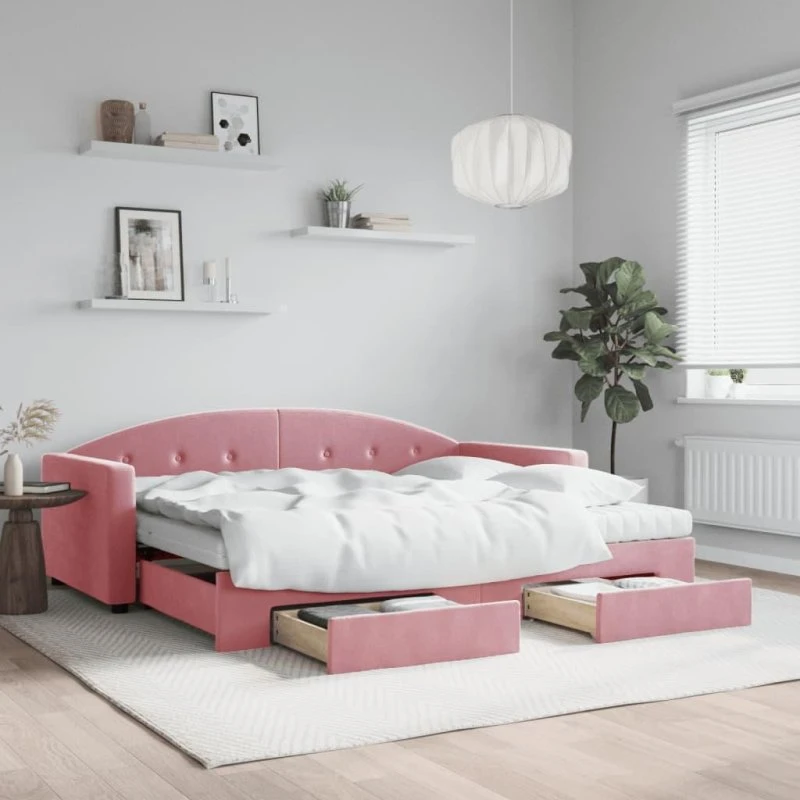 Daybed 90x200 med udtræk og skuffer i velour - lyserød