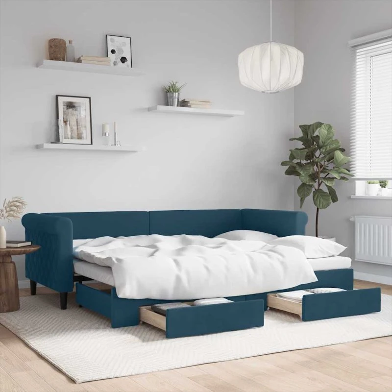 Daybed med udtræk og 2 skuffer 80x200 cm, blå stof