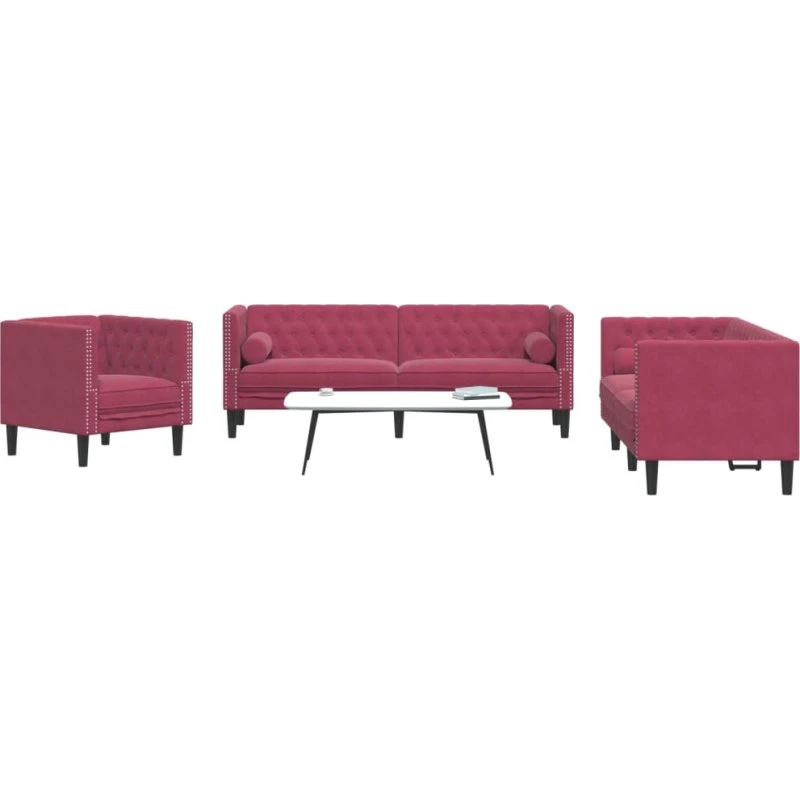 3-personers Chesterfield-sofa i fløjl - vinrød med puder