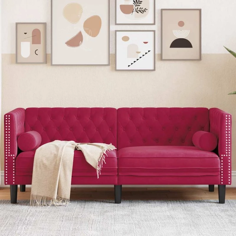 2-personers Chesterfield sofa i fløjl - vinrød med bolsterpuder
