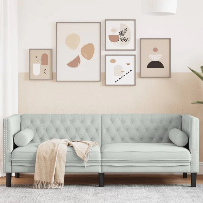 Chesterfield 3-personers sofa i lysegrå fløjl med bolsterpuder