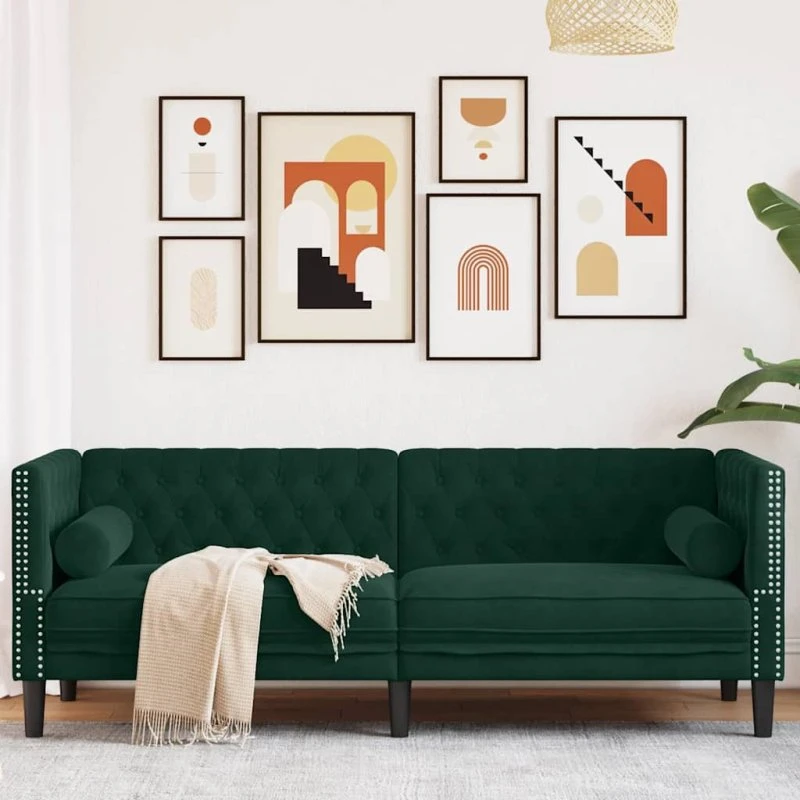 3-personers Chesterfield sofa i mørkegrøn fløjl med bolsterpuder