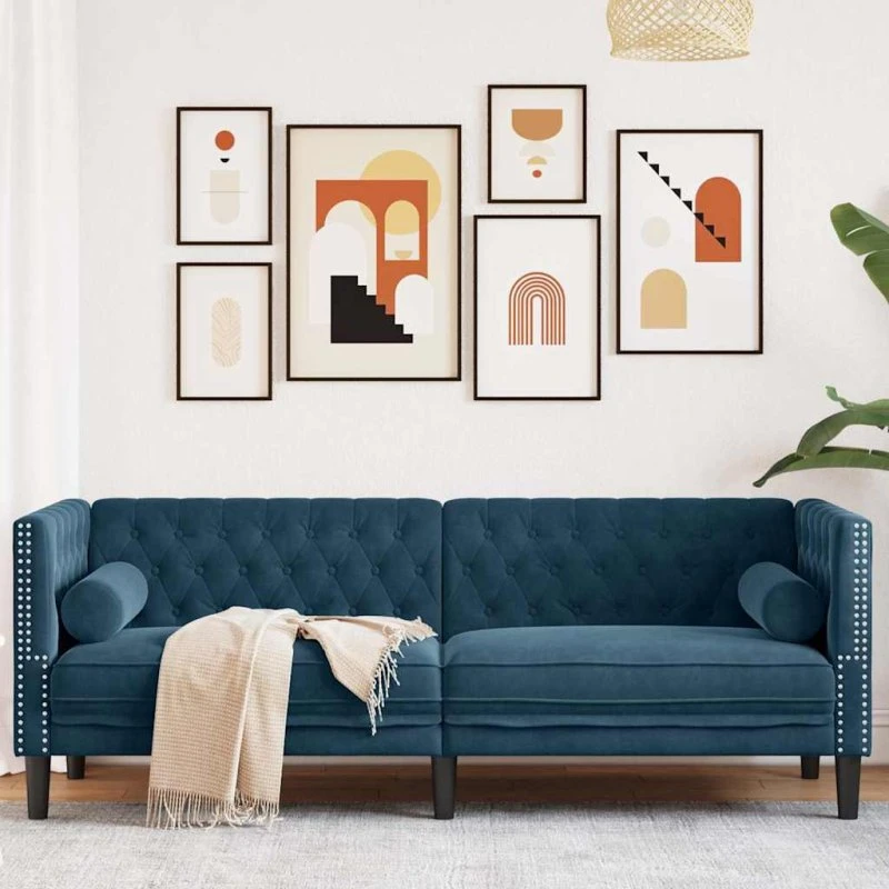3-personers Chesterfield sofa i blå fløjl med bolsterpuder