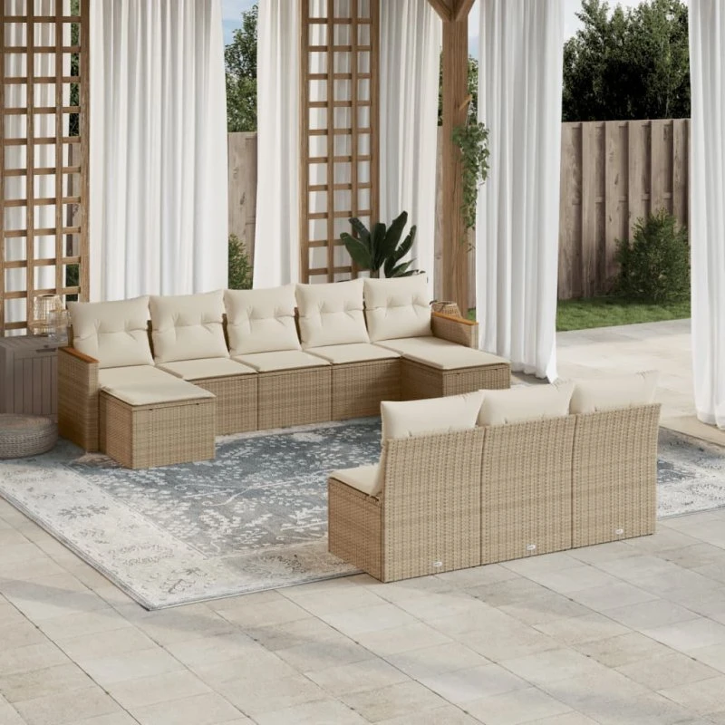 10-del polyrattan sofasæt til haven med hynder, beige