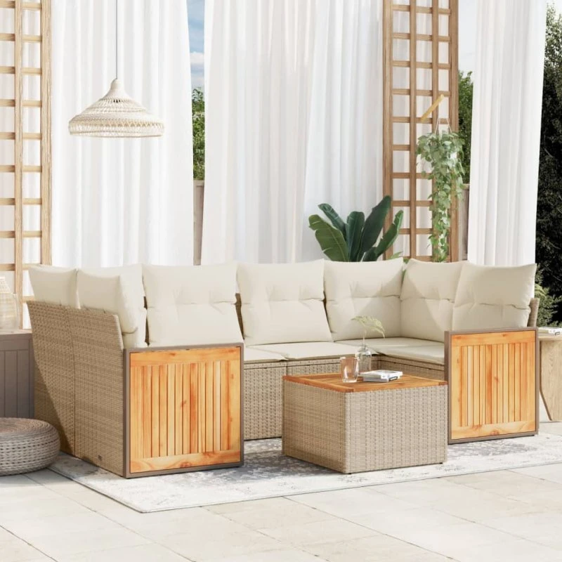 Havesæt 7 dele i polyrattan med hynder - Beige