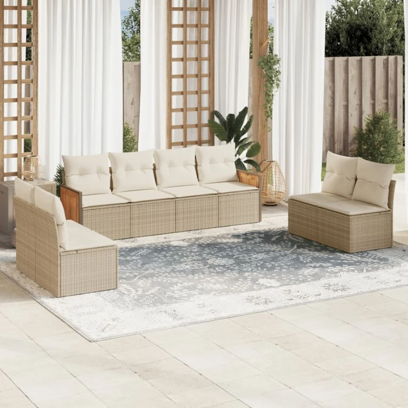 8-dele havesofasæt i polyrattan med hynder, beige