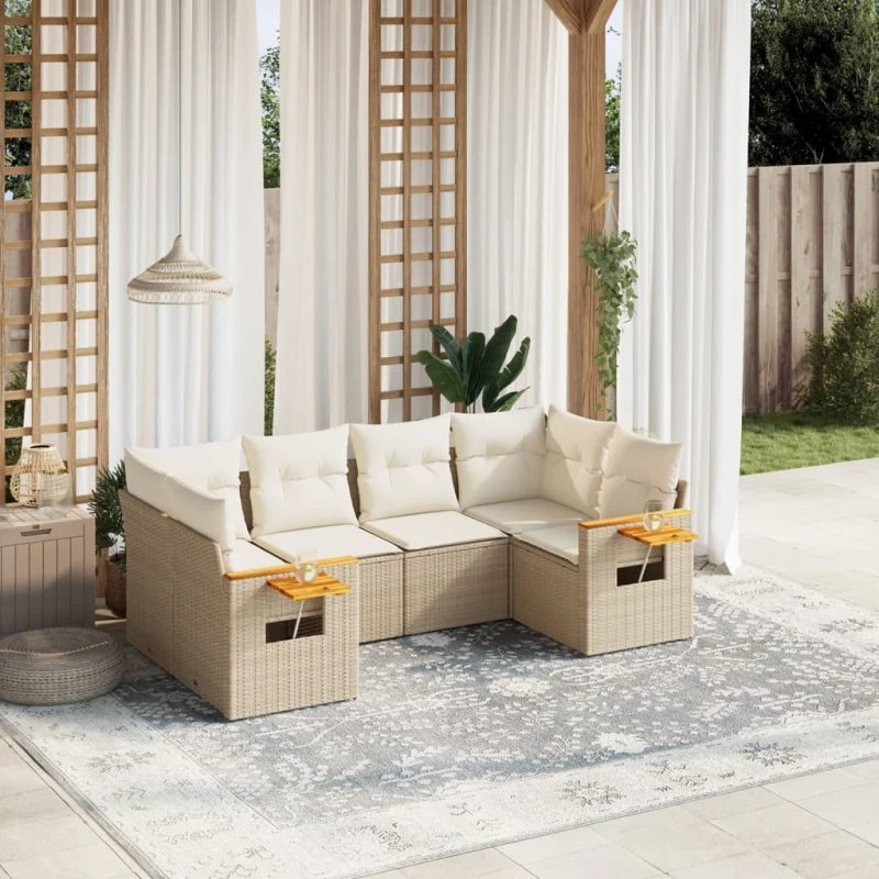 Havesofasæt 6 dele i polyrattan med hynder - beige