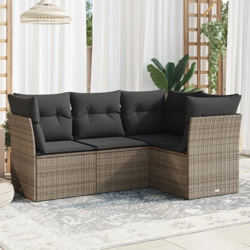 Sofasæt til haven 4 dele i grå polyrattan med hynder