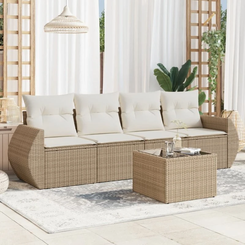 Polyrattan sofasæt til have 5 dele med hynder – beige