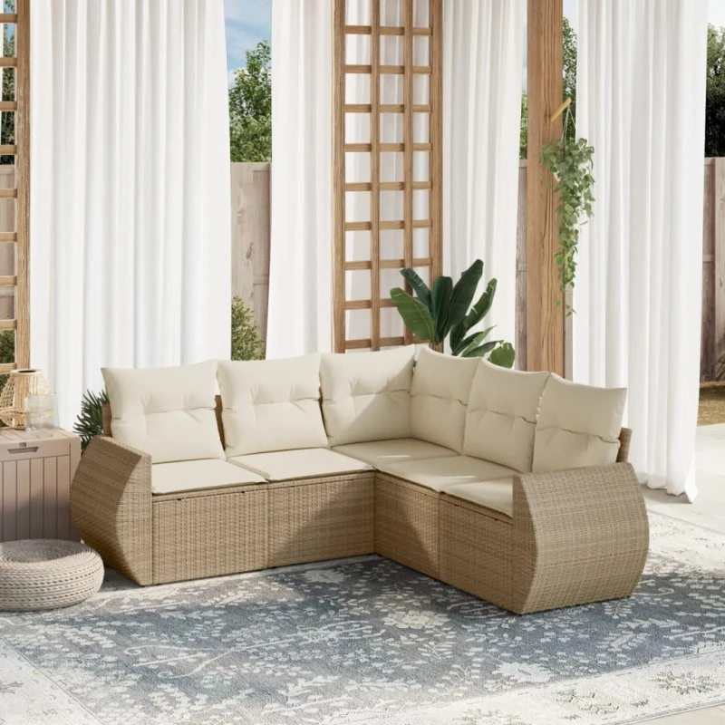 5-dele sofasæt til haven i polyrattan med hynder – beige