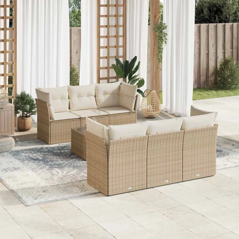 Havesæt 7 dele i polyrattan med hynder – beige