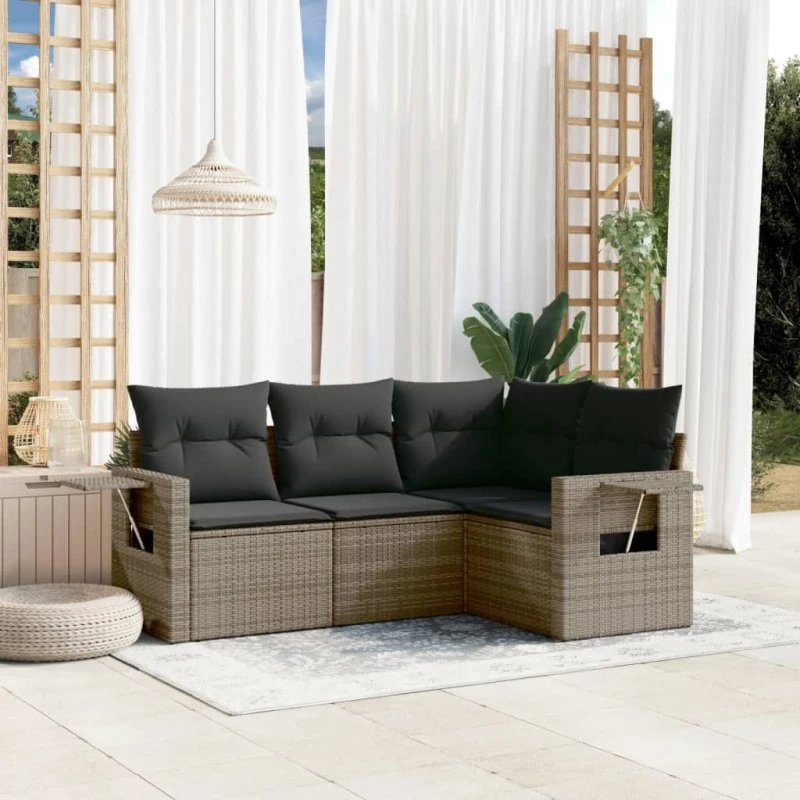 Sofasæt til haven 4 dele i grå polyrattan med hynder