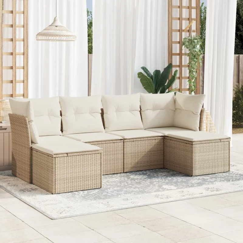 Havesæt 6 dele i polyrattan med hynder - beige