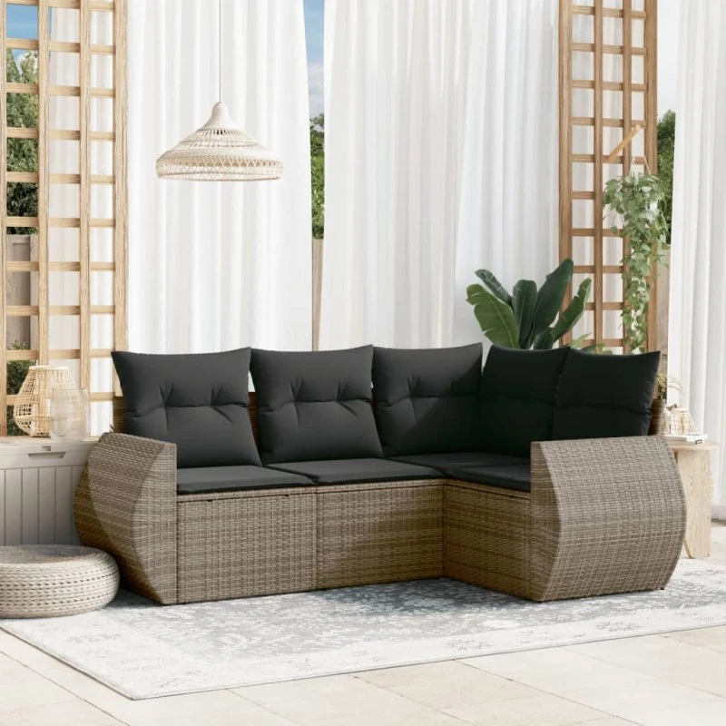 Havesofasæt 4 dele i polyrattan med hynder - grå