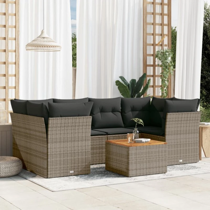 Havesofa sæt 7 dele i polyrattan med hynder, grå